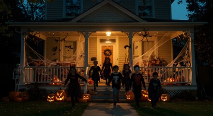 Halloween night, group of children in costumes, walking on porch, decorated house.