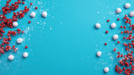 Festive Red Berry Branches with White Snowballs on Bright Blue Background