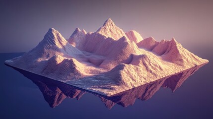 3D voxel art depiction of a mountain range with sharp peaks casting shadows on a flat base under purple and pink lighting