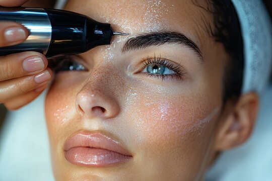 Close-up of a woman receiving precise eyebrow grooming treatment with an electric tool on clean, glowing skin