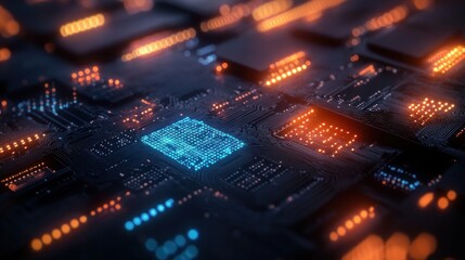 Close-up of illuminated microchips on a dark computer circuit board with glowing blue and orange lights, highlighting electronic pathways and technology
