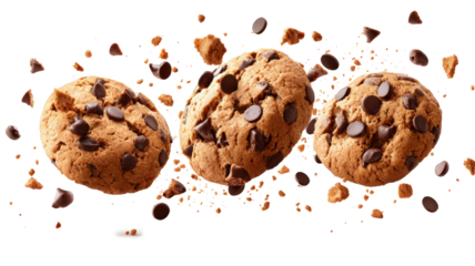 Three chocolate chip cookies are flying through the air, with chocolate chips scattered all around them. Concept of fun and playfulness, as if the cookies are having a good time