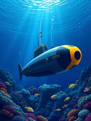 an image of a submarine floating in the ocean with fish, there is a submarine that is floating in the ocean