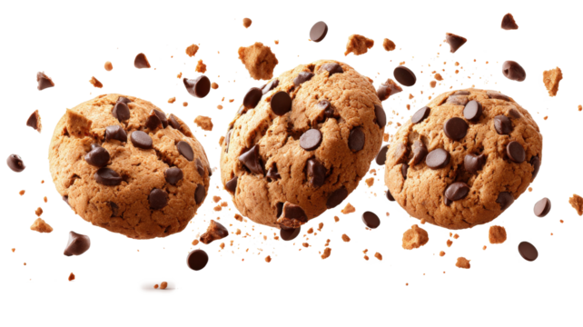 Three chocolate chip cookies are flying through the air, with chocolate chips scattered all around them. Concept of fun and playfulness, as if the cookies are having a good time