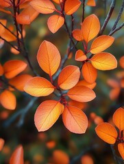Close-up of vibrant orange leaves on branches with blurred green and orange background evoking warmth and autumn atmosphere