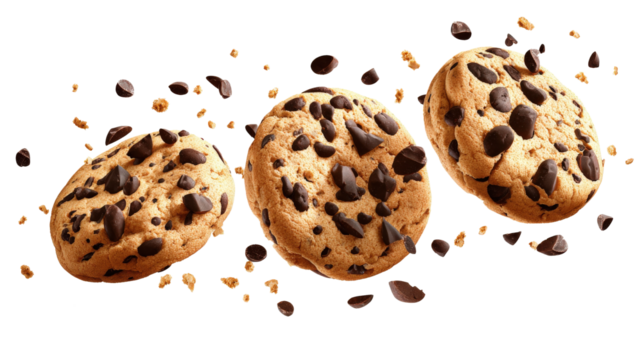 Three chocolate chip cookies are flying through the air, with chocolate chips scattered all around them. Concept of fun and playfulness, as if the cookies are having a good time