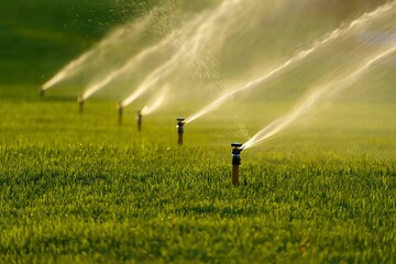 Automatic lawn irrigation system watering green grass in backyard garden on sunny day. Sprinkler spraying fresh water on residential landscape, agriculture field, golf turf, and outdoor vegetation.