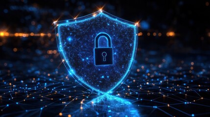 Glowing digital shield with a lock icon surrounded by network connections symbolizing cybersecurity and data protection in a futuristic blue and orange color scheme