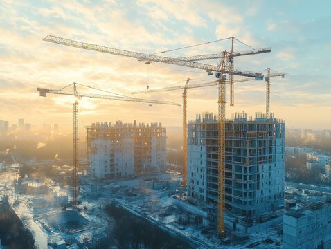 Multiple high-rise buildings under construction with large tower cranes at sunrise or sunset in urban area with foggy atmosphere