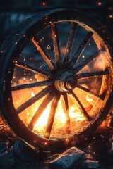 Old wooden wagon wheel glowing and burning over intense flames with flying sparks at night