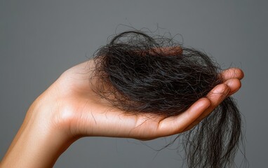 Close-up of a hand holding a large tuft of dark hair against a neutral background