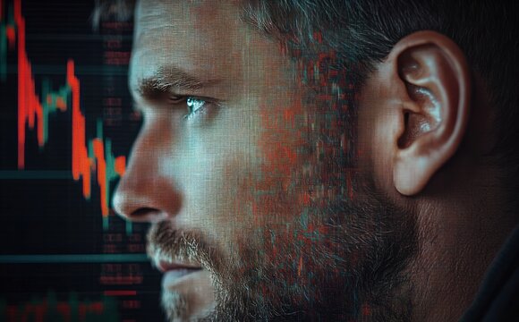 Close-up side profile of a focused man with beard looking intently at a fluctuating red and green financial graph on a dark screen, conveying concentration and analysis