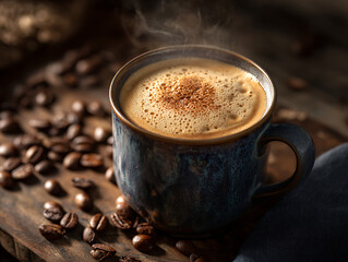 A serene still life photo of a creamy latte in a ceramic mug, surrounded by scattered coffee beans. The image has a warm, inviting glow, creating a cozy atmosphere.