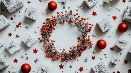 Festive Red Berry Wreath with Silver Decorations Surrounding Gift Boxes and Christmas Ornaments on White Background