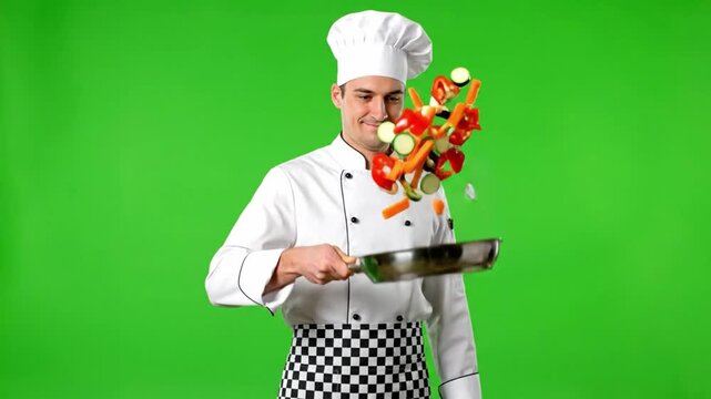 Professional Chef Tossing Fresh Chopped Vegetables on Green Screen