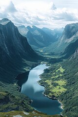 Majestic deep blue river winding through towering green and rocky mountains under a cloudy sky, surrounded by lush forests and open grassy areas, evoking tranquility and awe