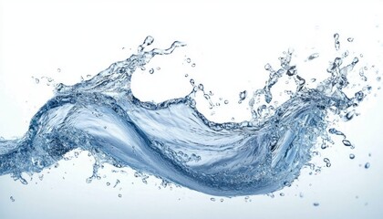 Dynamic splash of clear water frozen mid-air with droplets scattered around on a white background