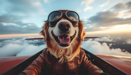Golden Retriever Pilot Dog with Aviator Goggles and Leather Jacket