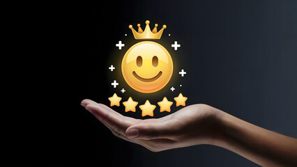 Hand presenting golden smiley face with crown and five stars rating symbol