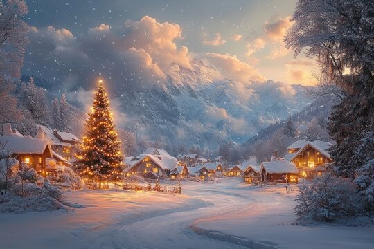 Cozy snow-covered village at dusk with warmly lit houses and a large decorated Christmas tree surrounded by snowy trees and mountains under a cloudy sky with falling snowflakes