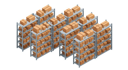 Isometric View of Cardboard Boxes on Warehouse Shelves.