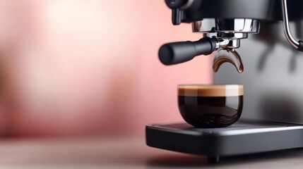 Close-up capture of a coffee machine brewing a rich espresso on a pinkish backdrop