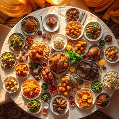 an image of a table with a lot of food on it, there is a large table with many different types of food on it