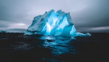 Twilight Shot of a Crumbling Iceberg with Glowing Blue Crevasses