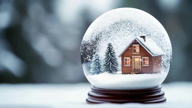 Snow globe with wooden house, trees, and falling snow inside