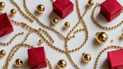 Festive Red Gift Boxes with Gold Beaded Garland and Spherical Decorations on White Background