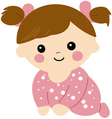 Adorable Cartoon Baby Girl with Brown Pigtails and Rosy Cheeks in a Pink Polka Dot Outfit, Radiating Pure Joy and Innocent Charm for Child-Related Designs