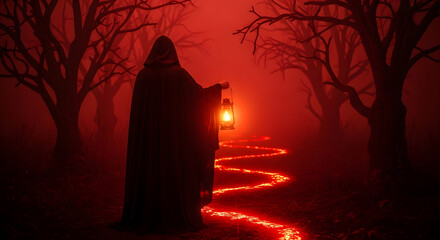 Mysterious Hooded Figure Walking on Glowing Path in Dark Forest
