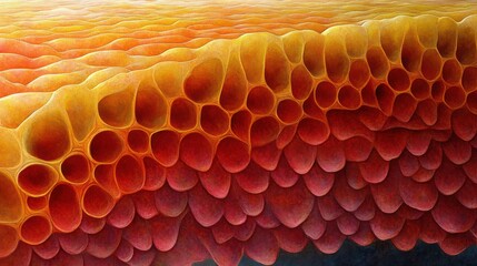 Close-up of honeycomb structure with gradient hues of yellow, orange, and red, showing hexagonal cells and curved layers creating a textured natural pattern