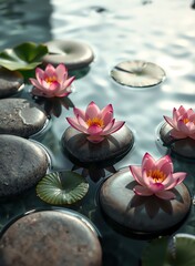 an image of a group of water lillies floating on top of a pond, there is a group of water lillies floating on top of rocks