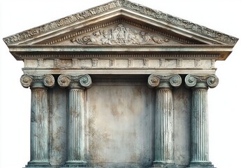 Ancient stone building facade with classical Greek Ionic columns and detailed triangular pediment featuring decorative reliefs