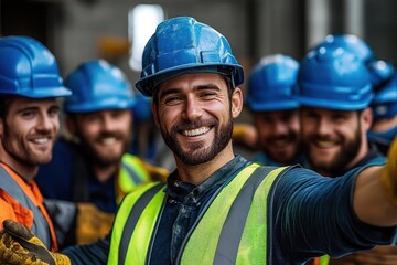 Obraz premium Group of construction workers wearing blue helmets and safety vests smiling and posing together indoors, showing camaraderie and teamwork