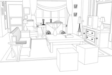 A black and white contour drawing of a cozy apartment living room with sofa, tables, lamps, television, and wall frames arranged for an inviting atmosphere.