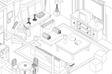 Black and white contour drawing of an apartment living room with furniture, tables, chairs, lamps, and a television.