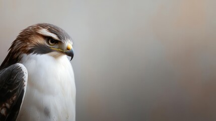 Obraz premium Captivating gaze: Close-up of a red-tailed hawk against a soft, serene background