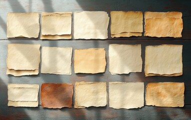 Fototapeta premium Collection of aged, blank, torn paper sheets arranged in rows on a dark wooden surface with soft natural light and shadows creating a warm nostalgic feel