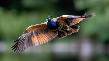 Peafowl in vibrant flight showcasing its impressive wingspan and graceful movement within a
