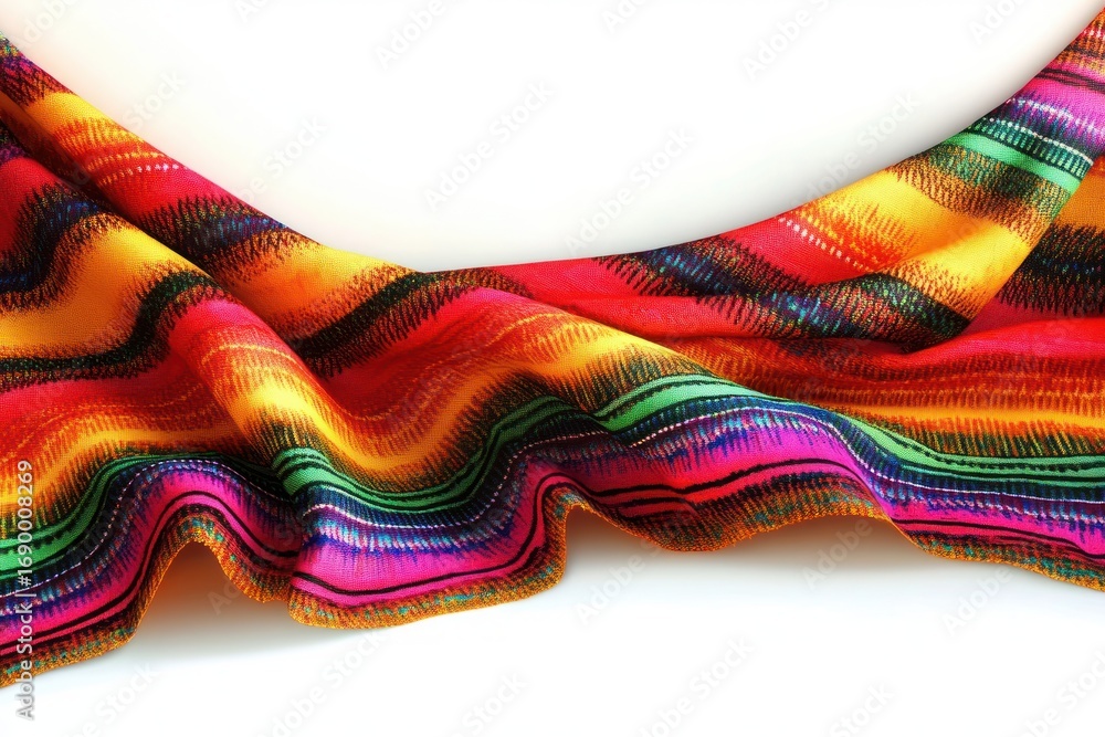 Poster bright multicolored striped fabric with vibrant wavy patterns and rich texture draped against a whit