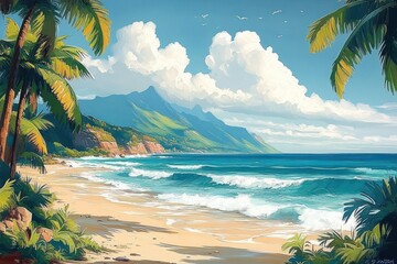 Tropical beach with palm trees, gentle waves, distant mountains under blue sky with white fluffy clouds and soaring birds on a sunny day