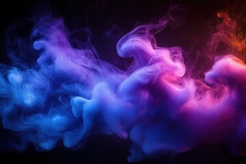 Swirling colorful smoke or mist in shades of blue, purple, and pink on a dark background creating a mysterious and ethereal atmosphere