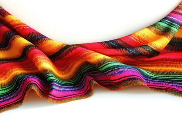 Bright multicolored striped fabric with vibrant wavy patterns and rich texture draped against a white background