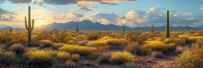 Sunlit desert landscape with tall cacti and yellow wildflowers under a partly cloudy sky with distant mountains at sunset