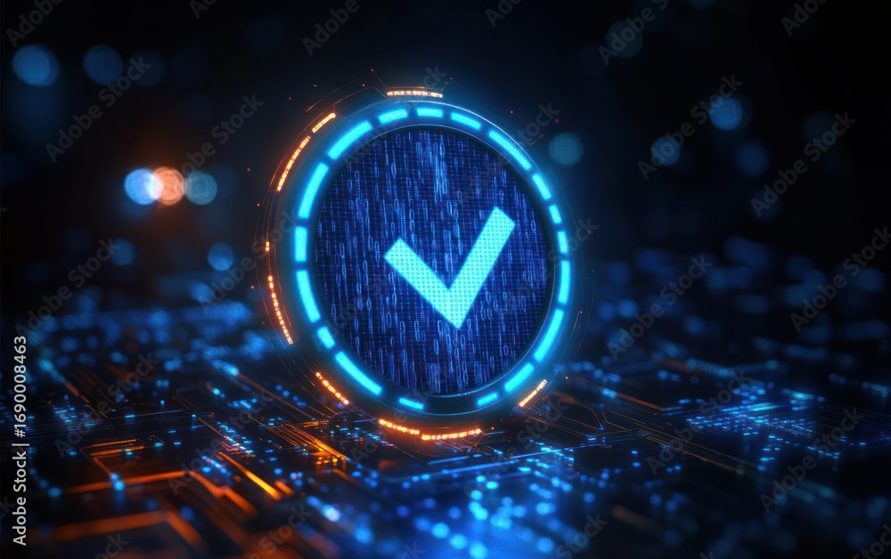 Poster glowing digital checkmark symbol surrounded by futuristic blue and orange circuit board elements in 