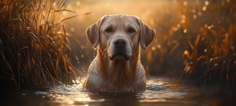 Golden retriever dog standing in calm water surrounded by tall dried grass under warm golden light at sunset
