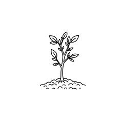 A minimalist line drawing of a young tree with leaves growing from a small mound of soil.