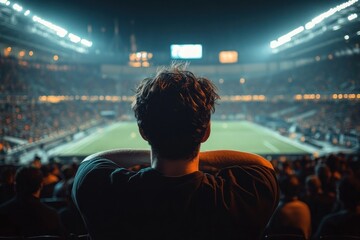 Fototapeta premium A person watching a brightly lit sports stadium during an event with a large crowd, evoking anticipation and focus